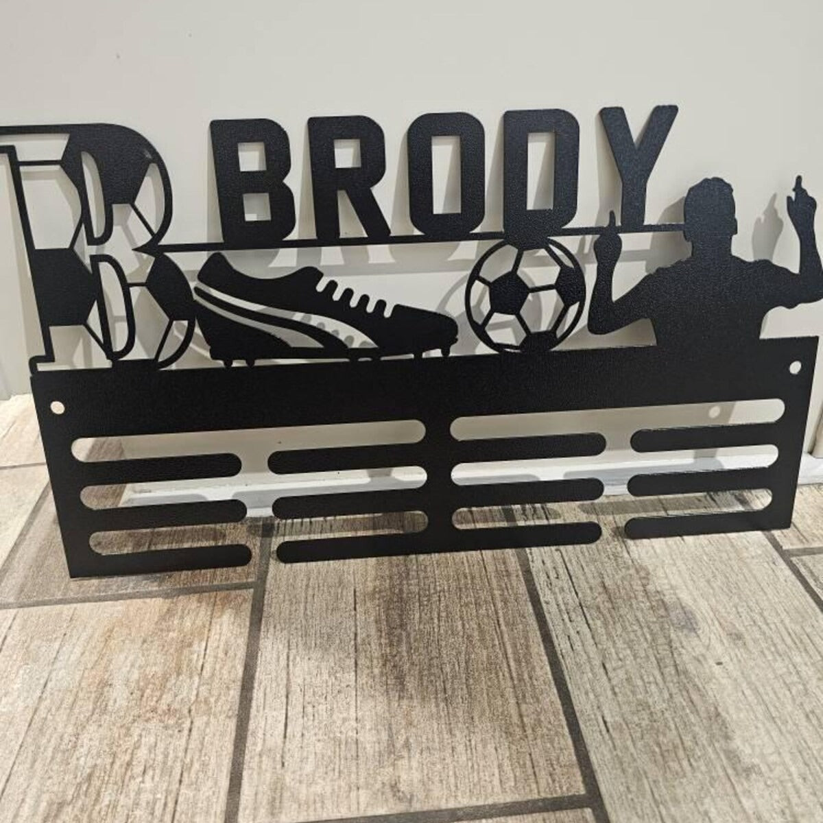 Personalized Football Medal Hanger, Metal Sports Ribbon Display