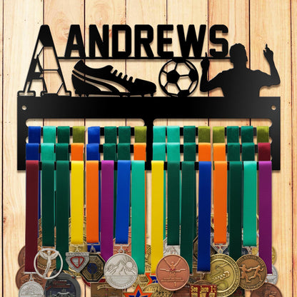Personalized Football Medal Hanger, Metal Sports Ribbon Display