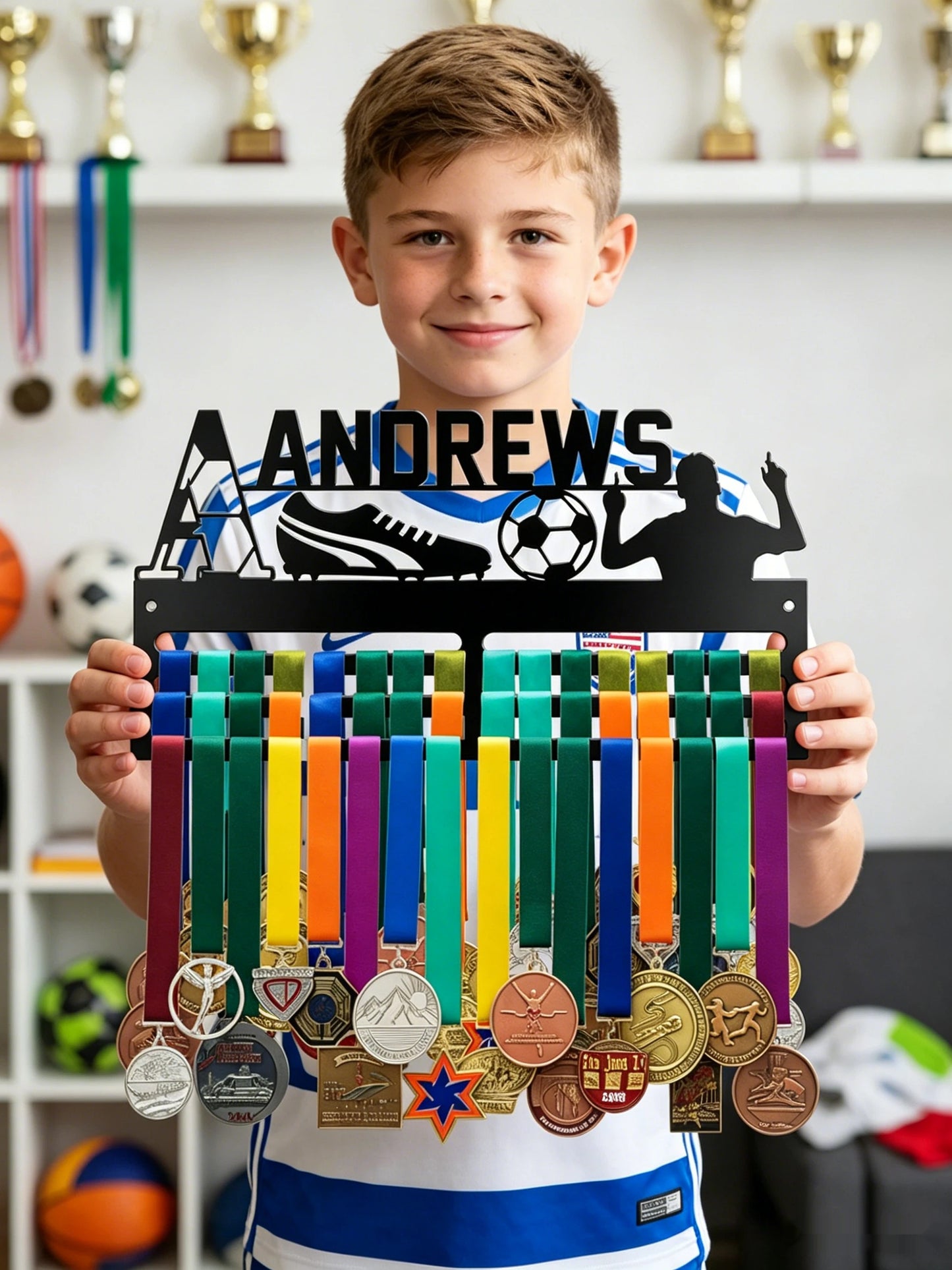 Personalized Football Medal Hanger, Metal Sports Ribbon Display