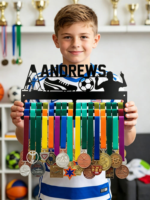 Personalized Football Medal Hanger, Metal Sports Ribbon Display