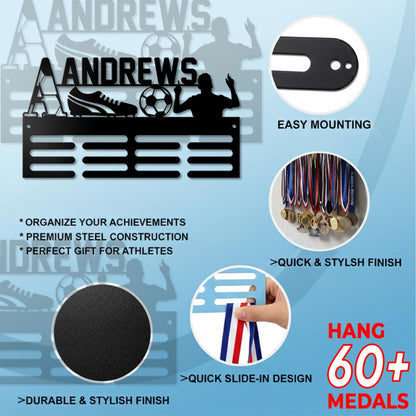Personalized Football Medal Hanger, Metal Sports Ribbon Display