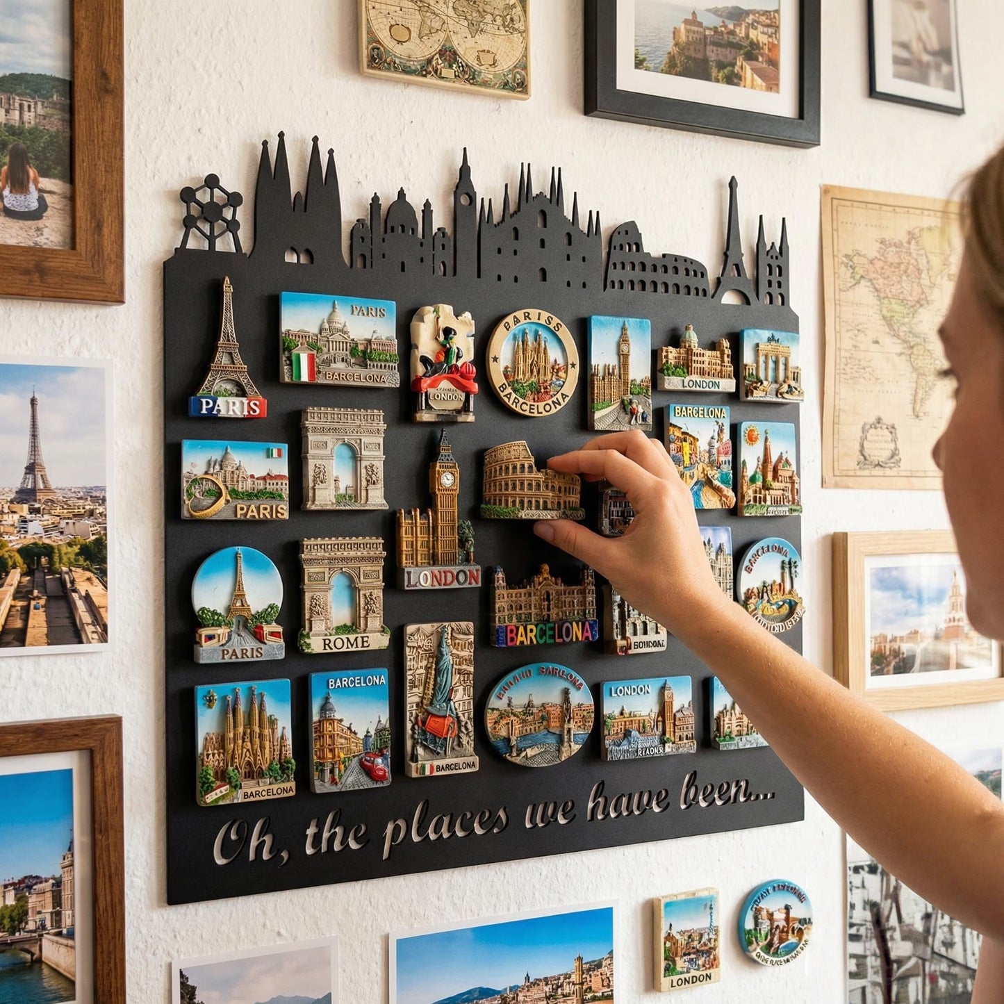 European Skyline Travel Magnet Display Board,Souvenir & Photo Organizer