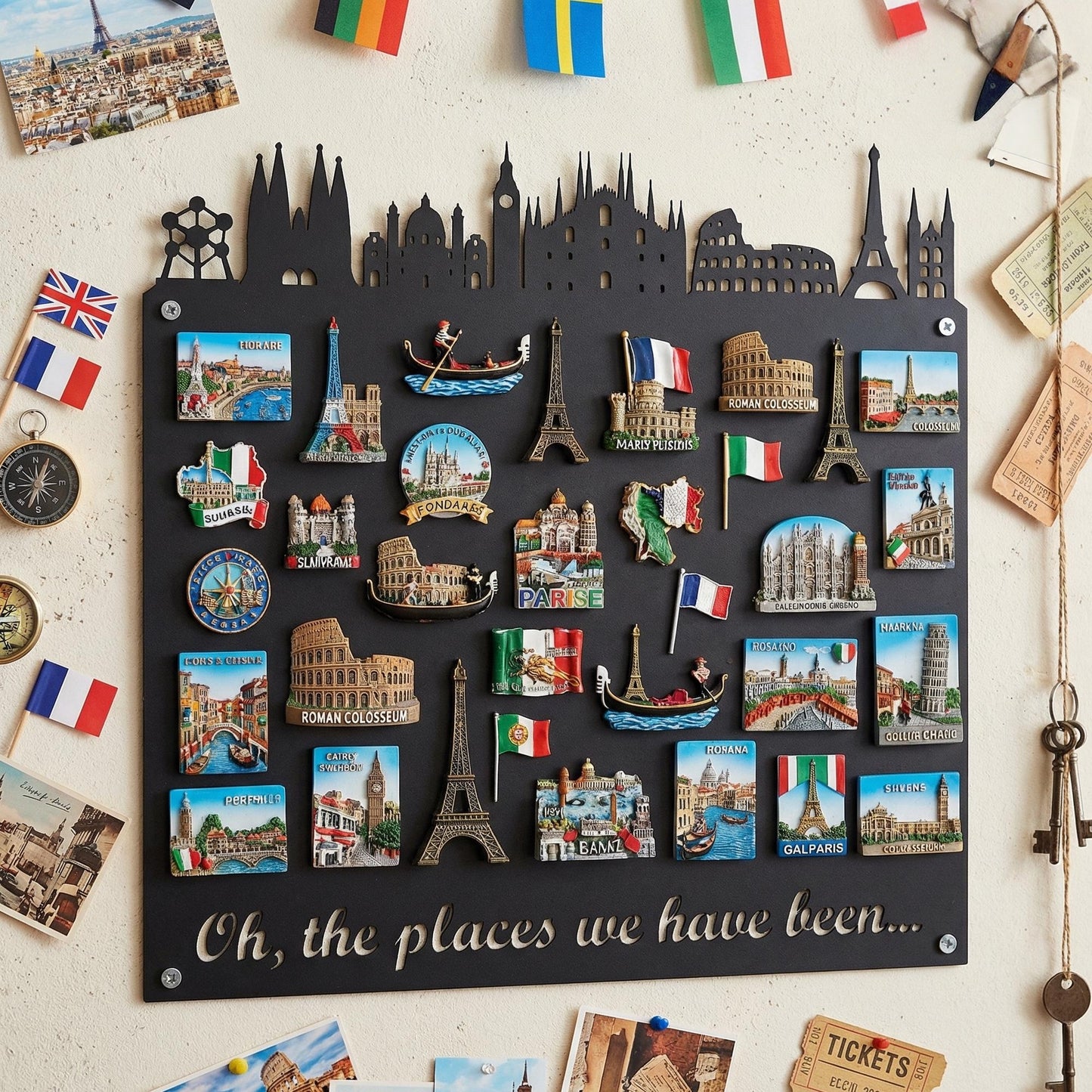 European Skyline Travel Magnet Display Board,Souvenir & Photo Organizer