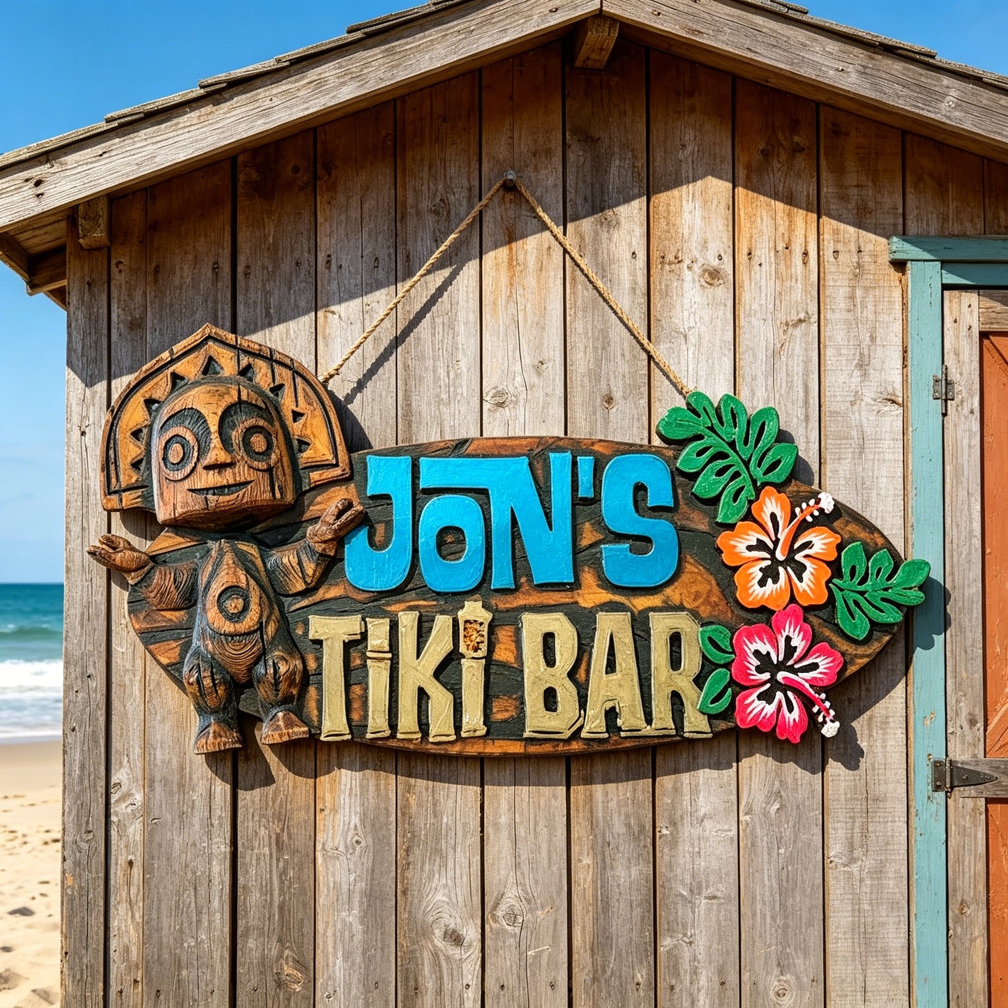Personalised Trader Sam’s Tiki Bar Themed Name Sign hibiscus edition