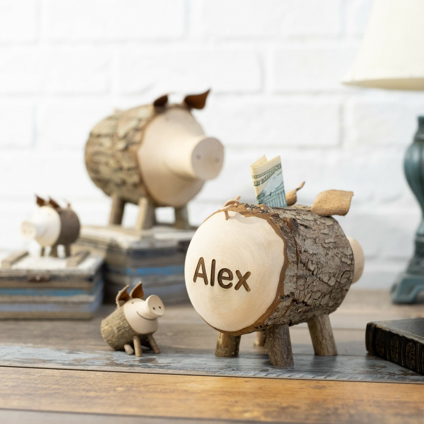 Personalized Wooden Piggy Bank with Bark