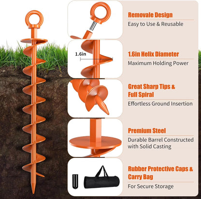 Spiral Ground Anchors 4 Pack, Windproof Heavy Duty Stakes with Nut & Tool