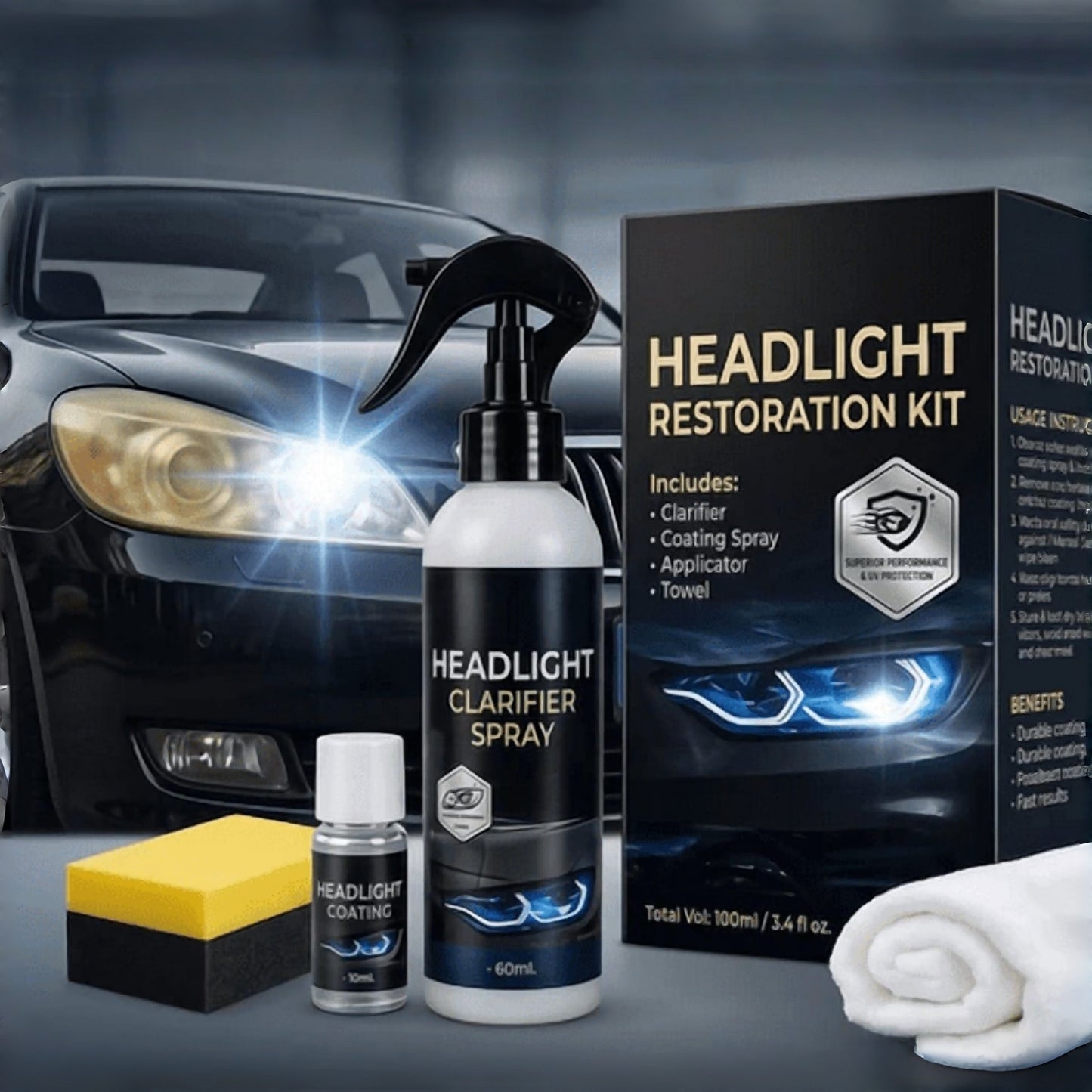 🚘Automotive Headlamp Restoration Fluid Kit – 💡Suitable for Yellowed or Foggy Lenses & Clear Surfaces