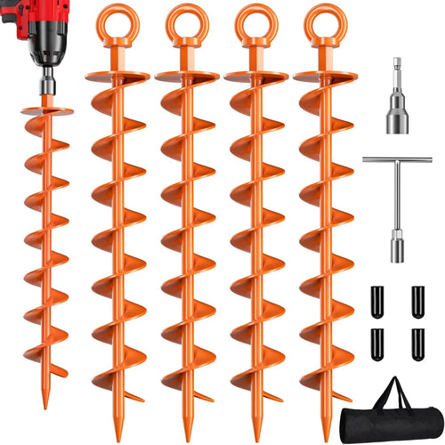 Spiral Ground Anchors 4 Pack, Windproof Heavy Duty Stakes with Nut & Tool